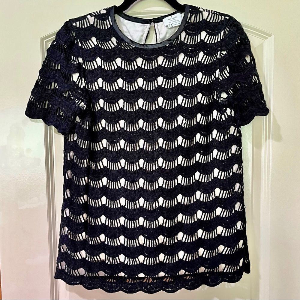 KATE SPADE Short Sleeve Scalloped Crochet Blouse Black Women’s Size 0